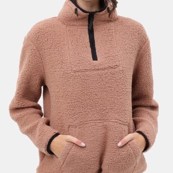 Sherpa Fleece Quarter Zip Pullover Kangaroo Pocket Cinch Waist Sweater Womens - Picture 3 of 6